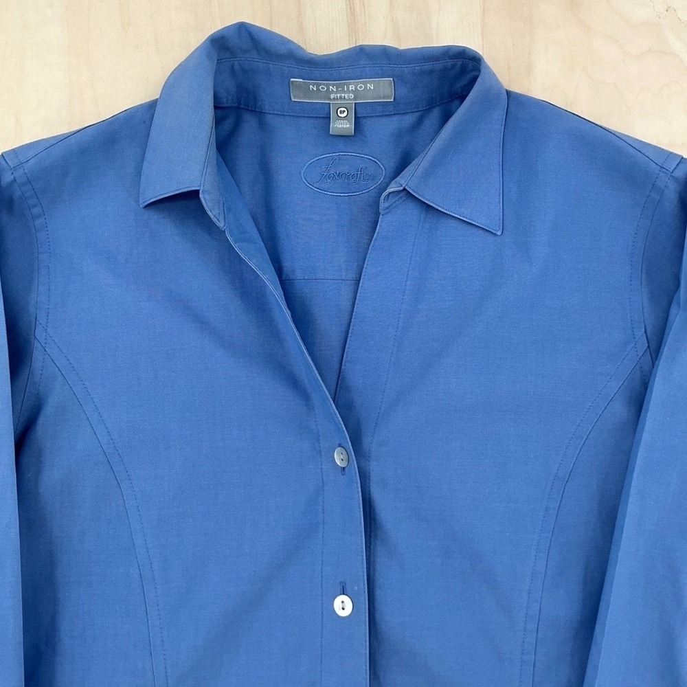 Womens Foxcroft Non-Iron Fitted 3/4 Sleeve Button Up Shirt Blue Petite 8P Office